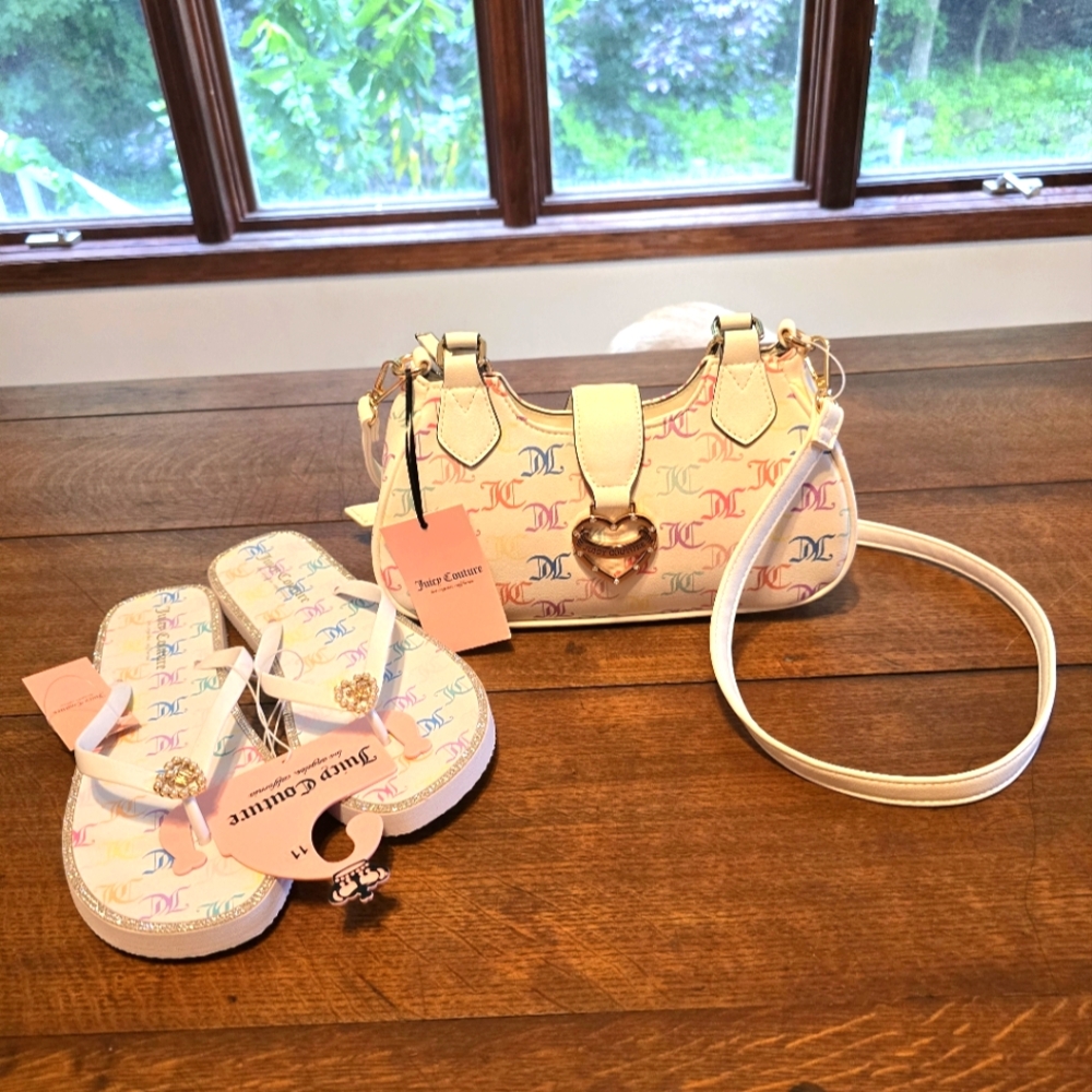 Juicy Couture RARE Matching White & Rainbow JC Monogram Handbag & Flip Flops NWT